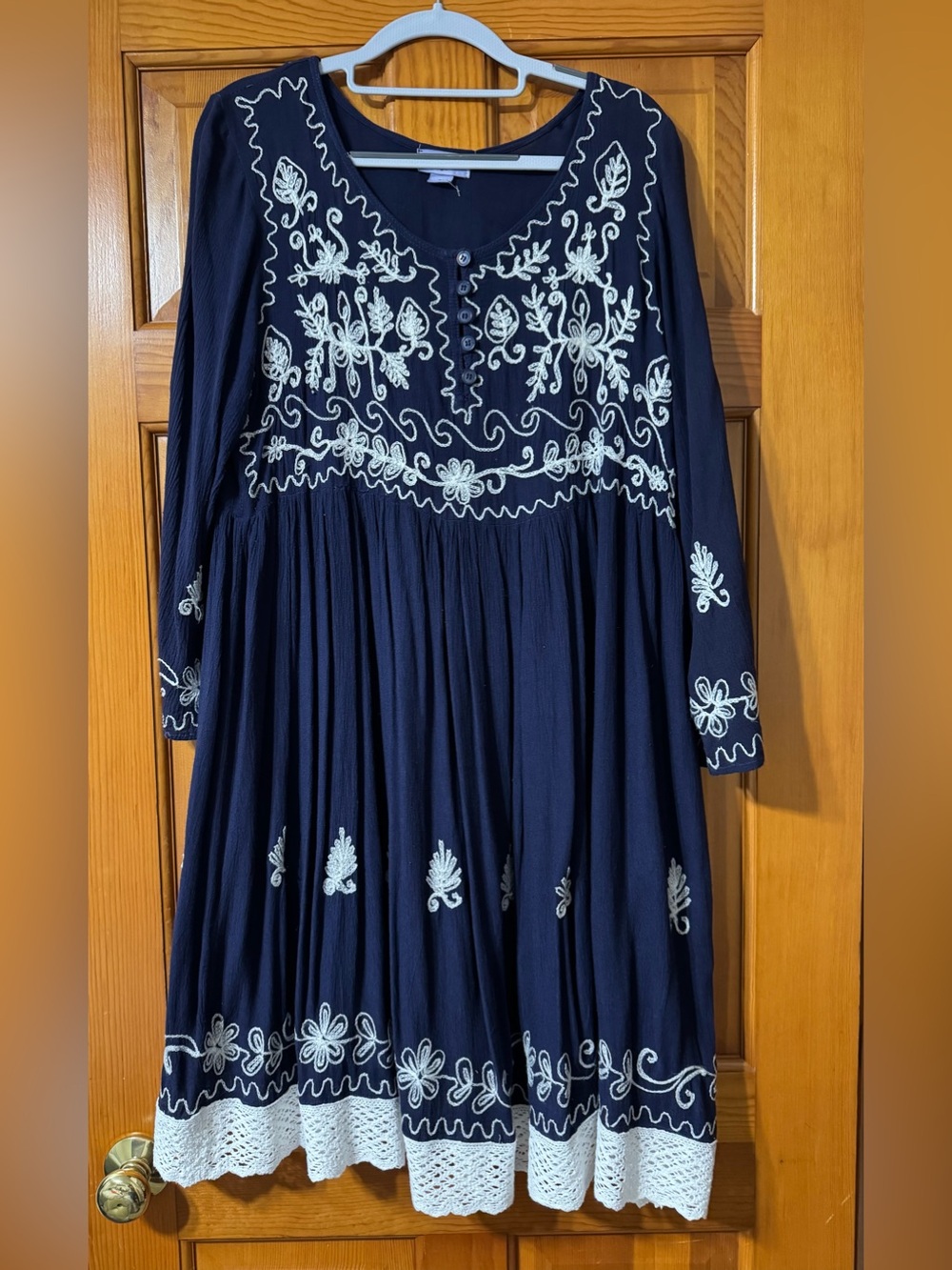 Exist Navy Blue Long Sleeve Embroidered Boho Midi Dress